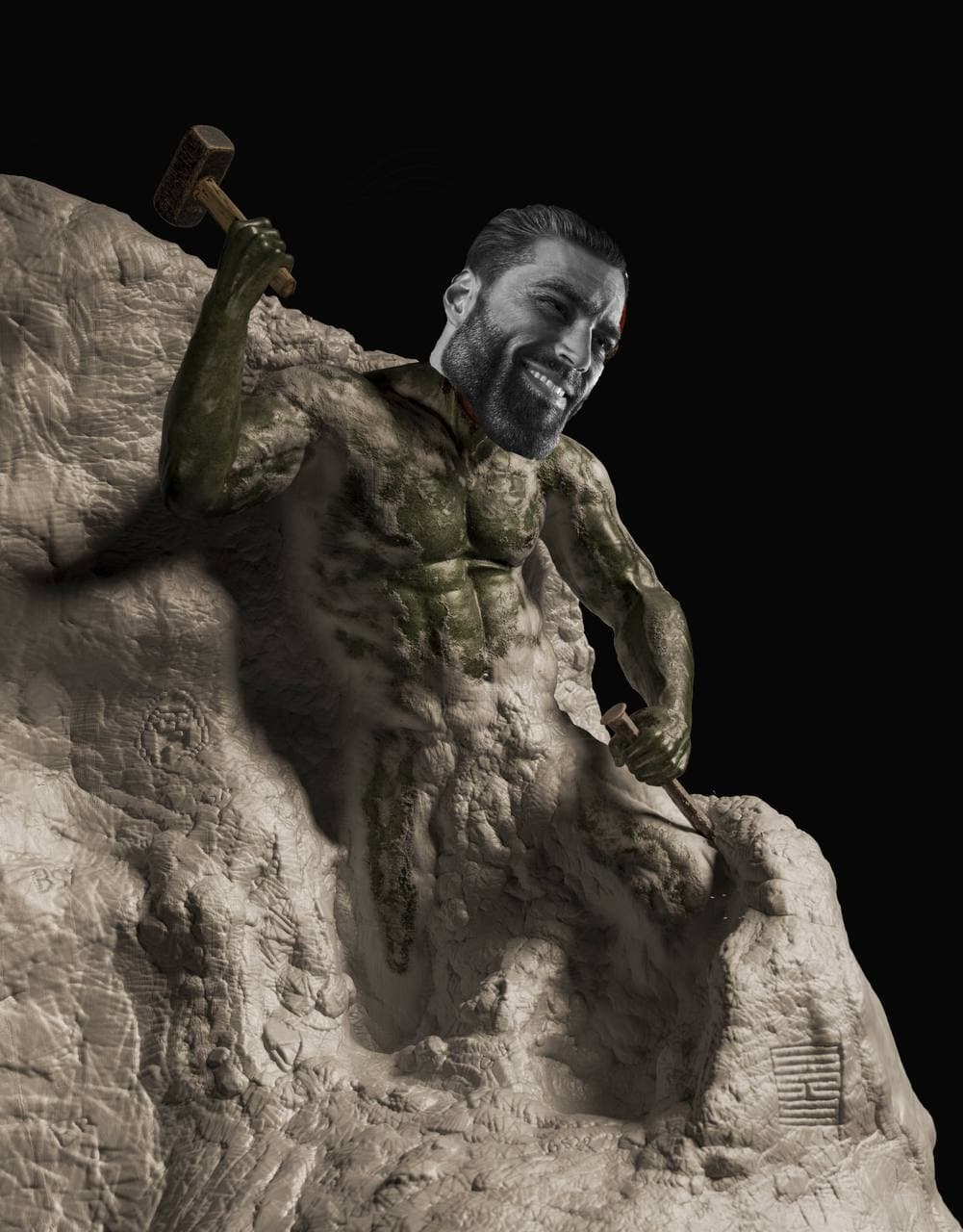 Muscular figure with a hammer sculpting rock, showcasing strength.