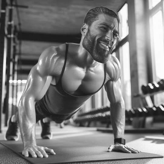 Muscular man doing push-ups with a confident expression in a gym.