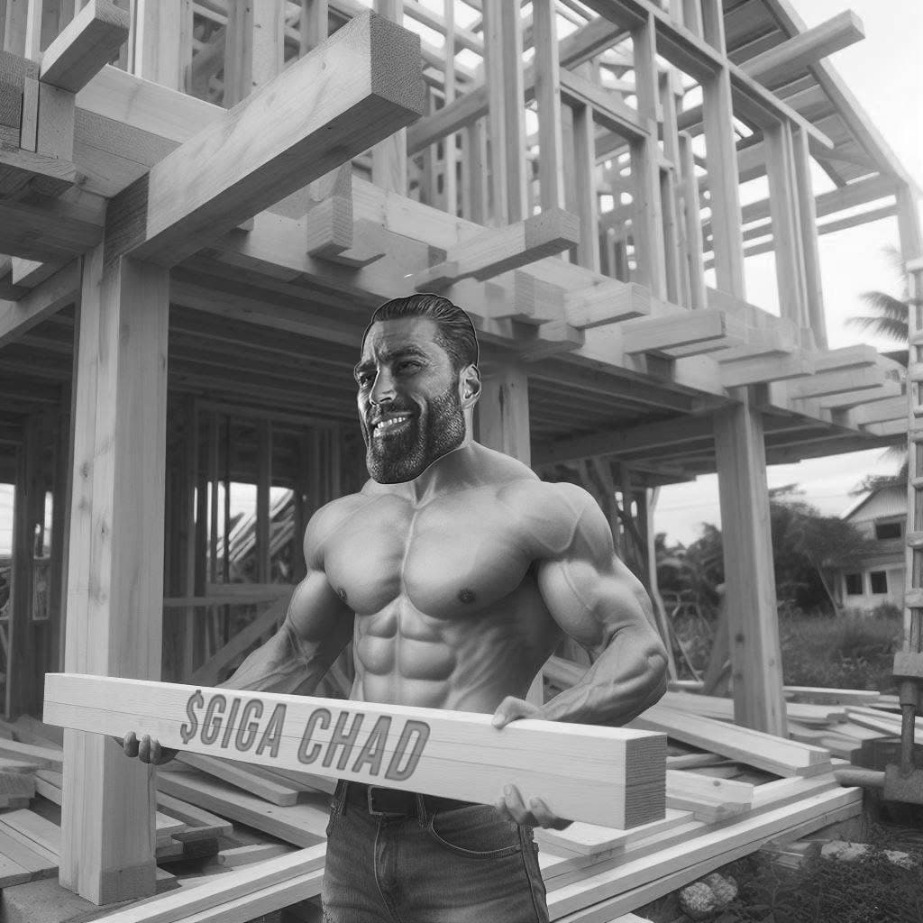 Muscular man holding '$GIGA CHAD' sign at construction site.