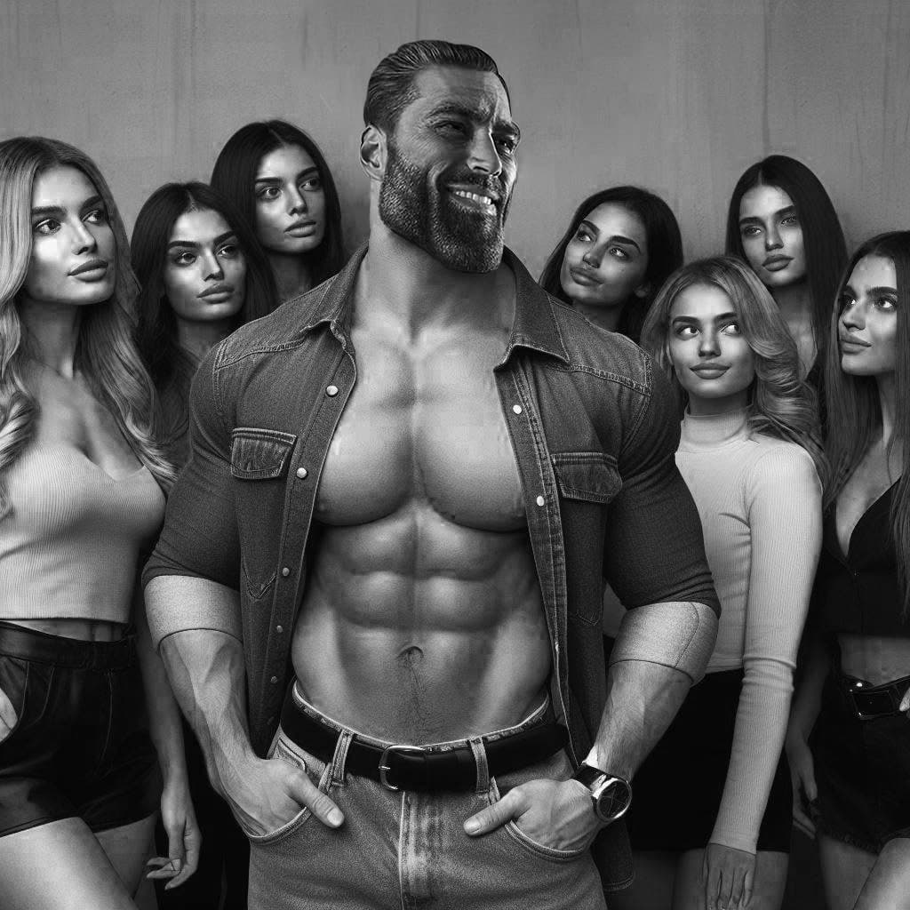 Muscular man surrounded by women, all appearing impressed.