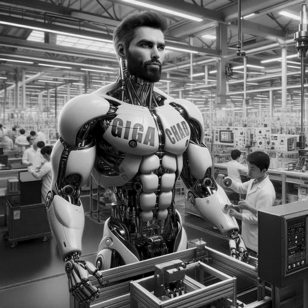 GigaChad robot in a factory with workers.