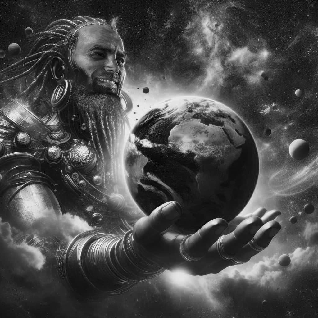 A powerful figure holds a globe in a cosmic setting.