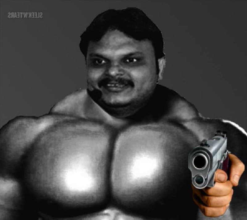 Muscular man holding a gun, showcasing exaggerated features.