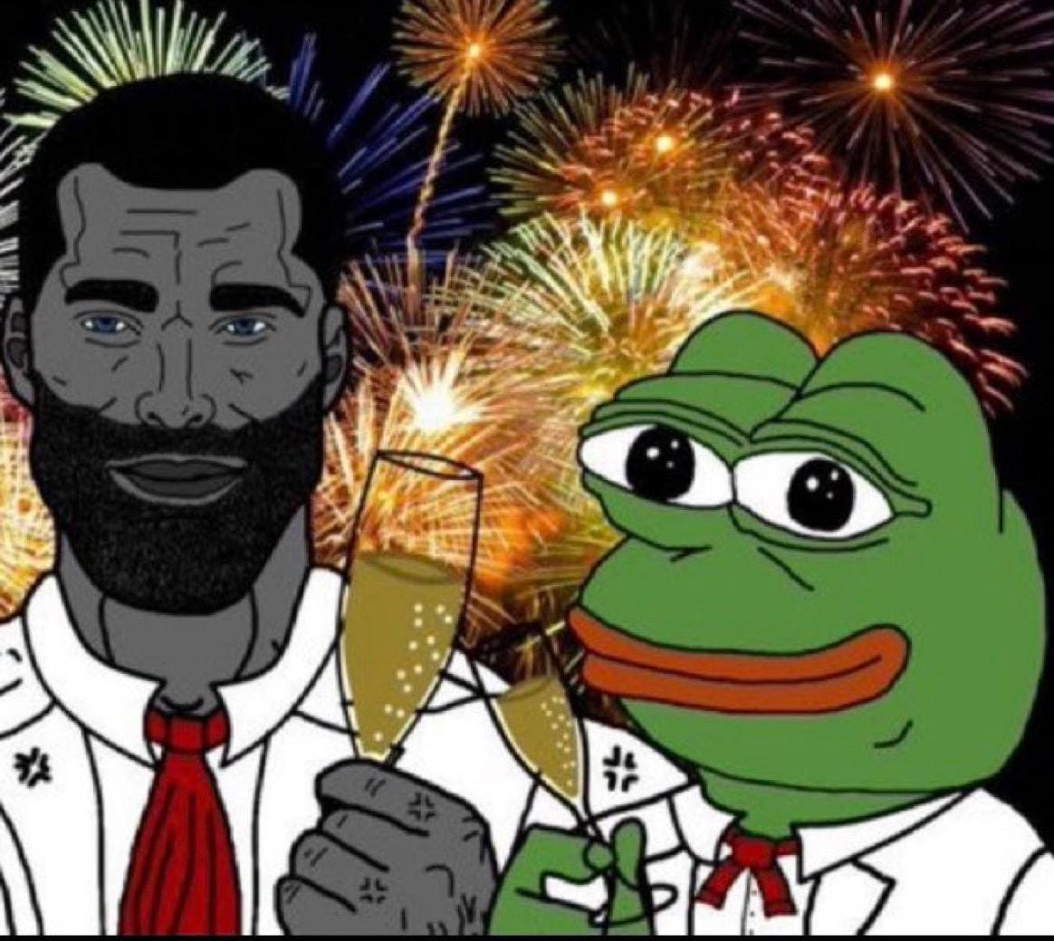 GigaChad and Pepe toast with champagne against fireworks backdrop.