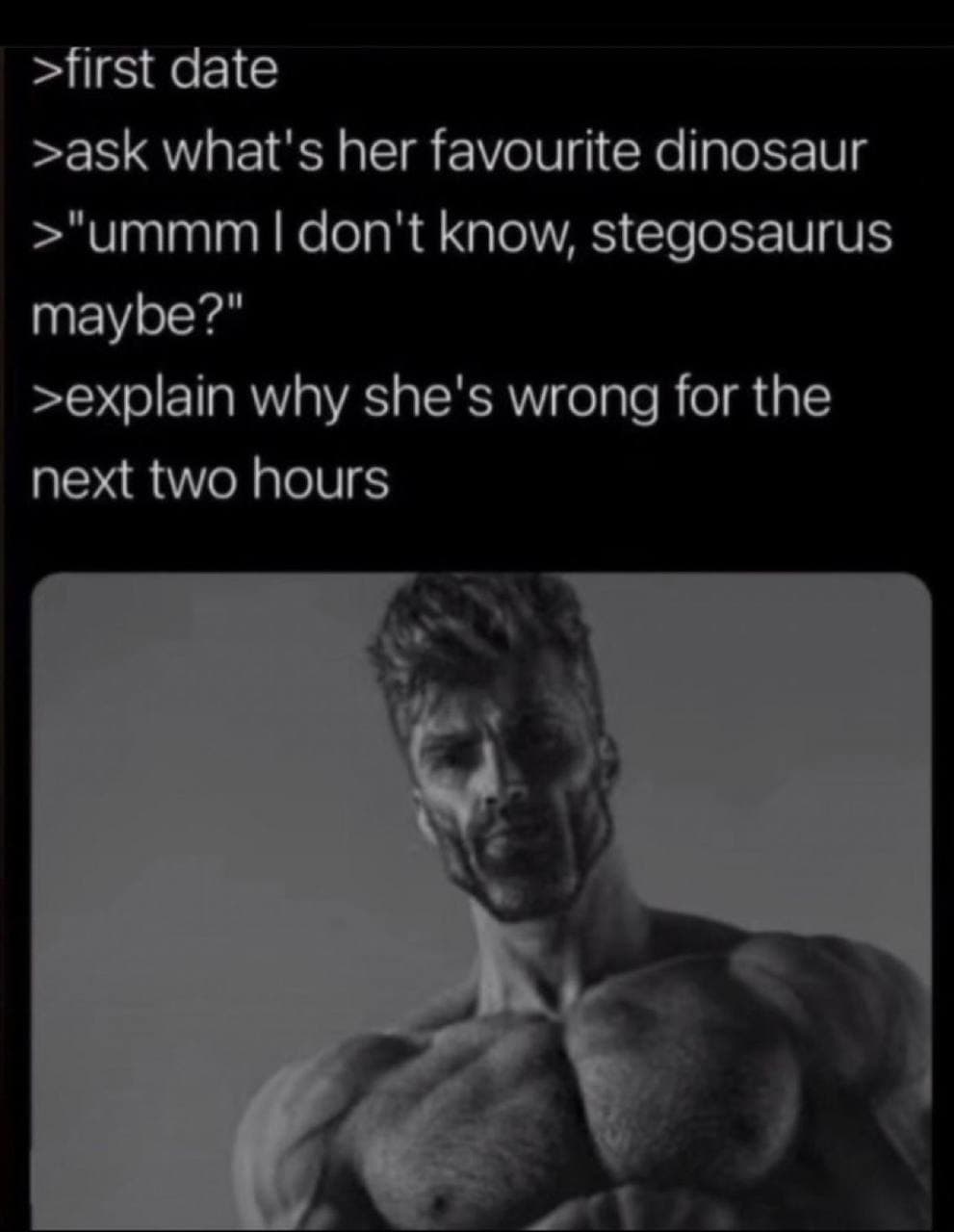 A muscular man humorously discusses first date dinosaur preferences.