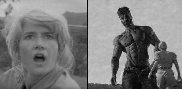 A shocked woman beside an imposing muscular man.