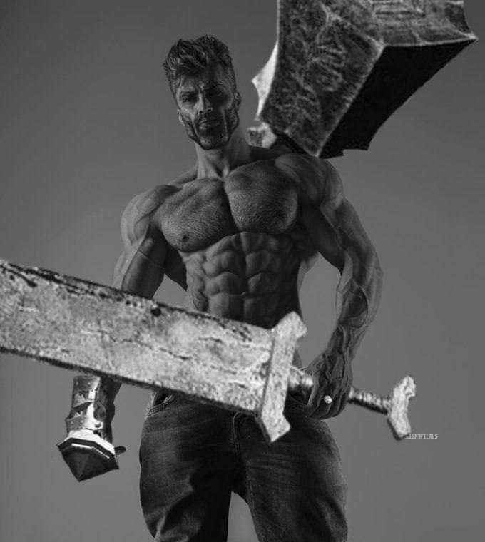 Muscular man holding large swords in a dramatic pose.
