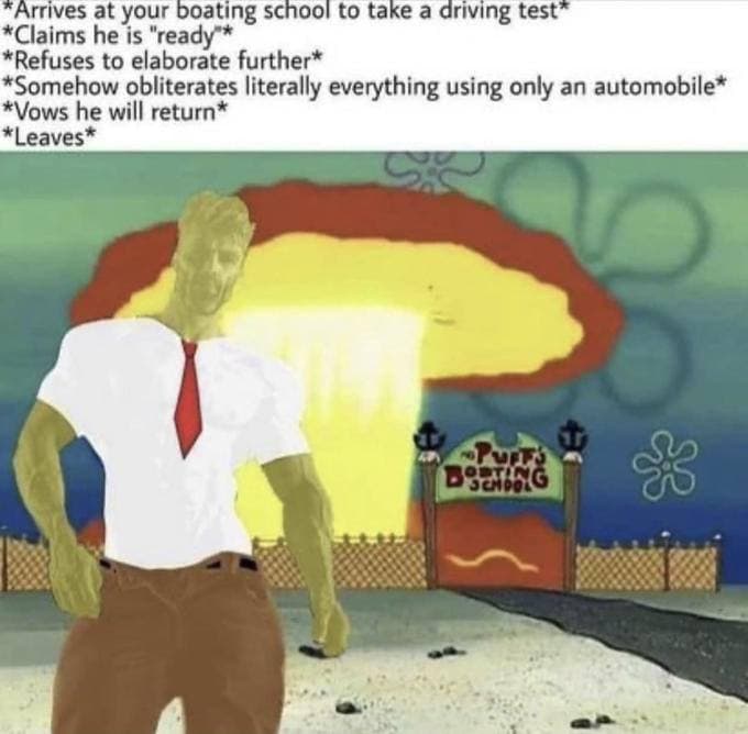 Muscular character at boating school with explosion background.