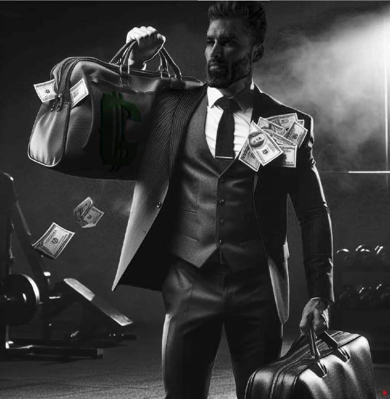 Man in suit holding a bag of cash in a gym.