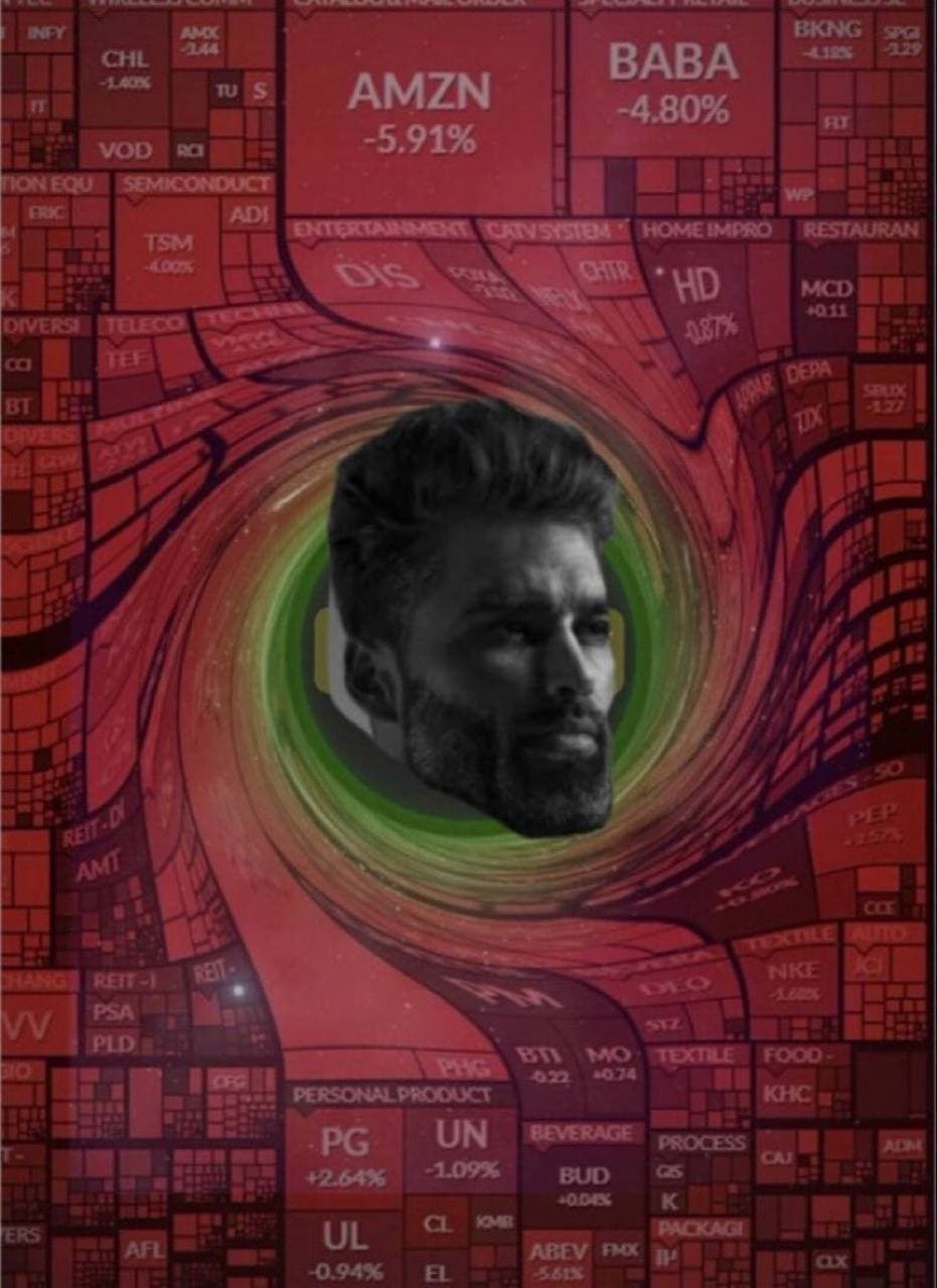 Muscular man's face surrounded by stock market data vortex.