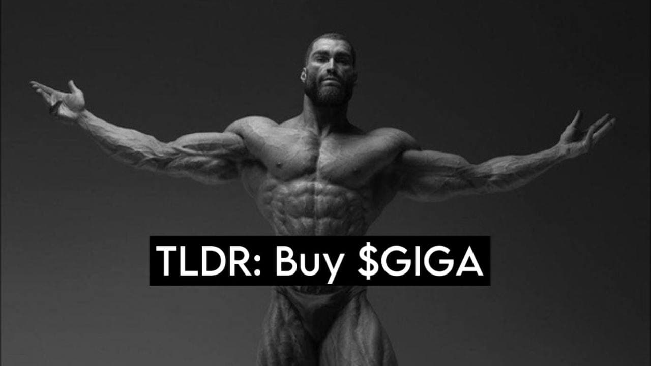 Muscular figure promoting $GIGA investment in a dramatic pose.
