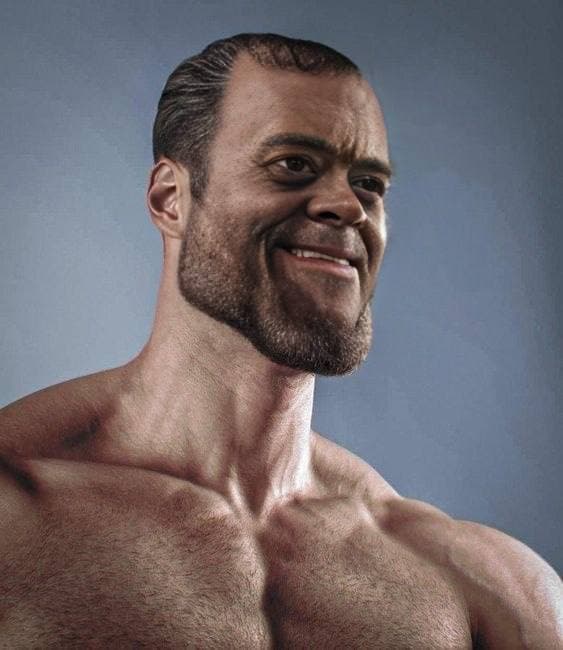Muscular figure with an exaggerated head and smile.