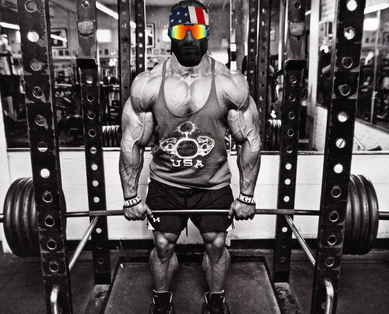 Muscular man lifting weights in a gym.