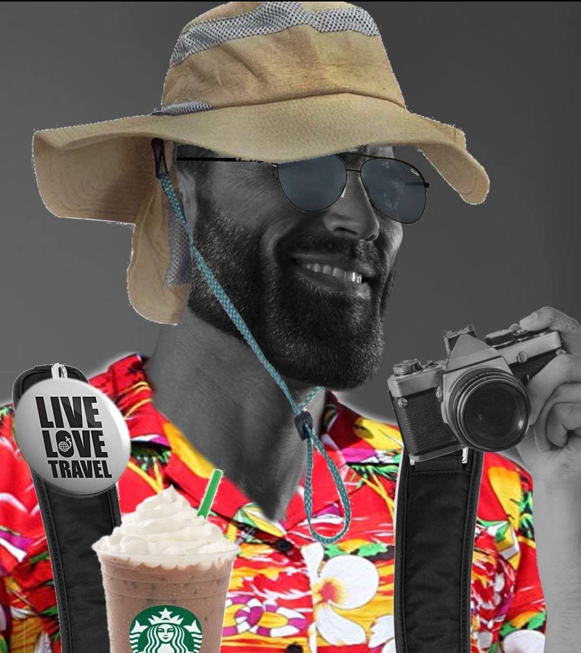 Smiling man in floral shirt with camera and Starbucks drink.