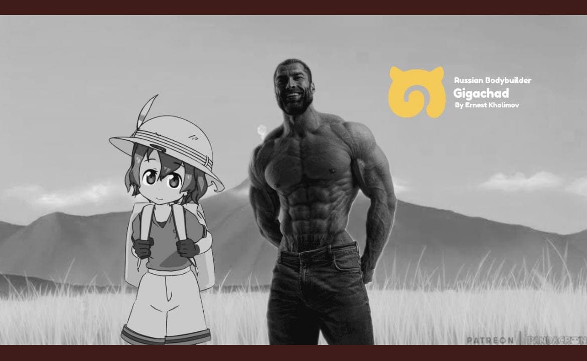 Muscular man and anime girl in a field.
