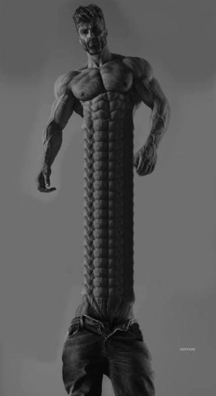 Exaggerated muscular figure in jeans with an elongated torso.