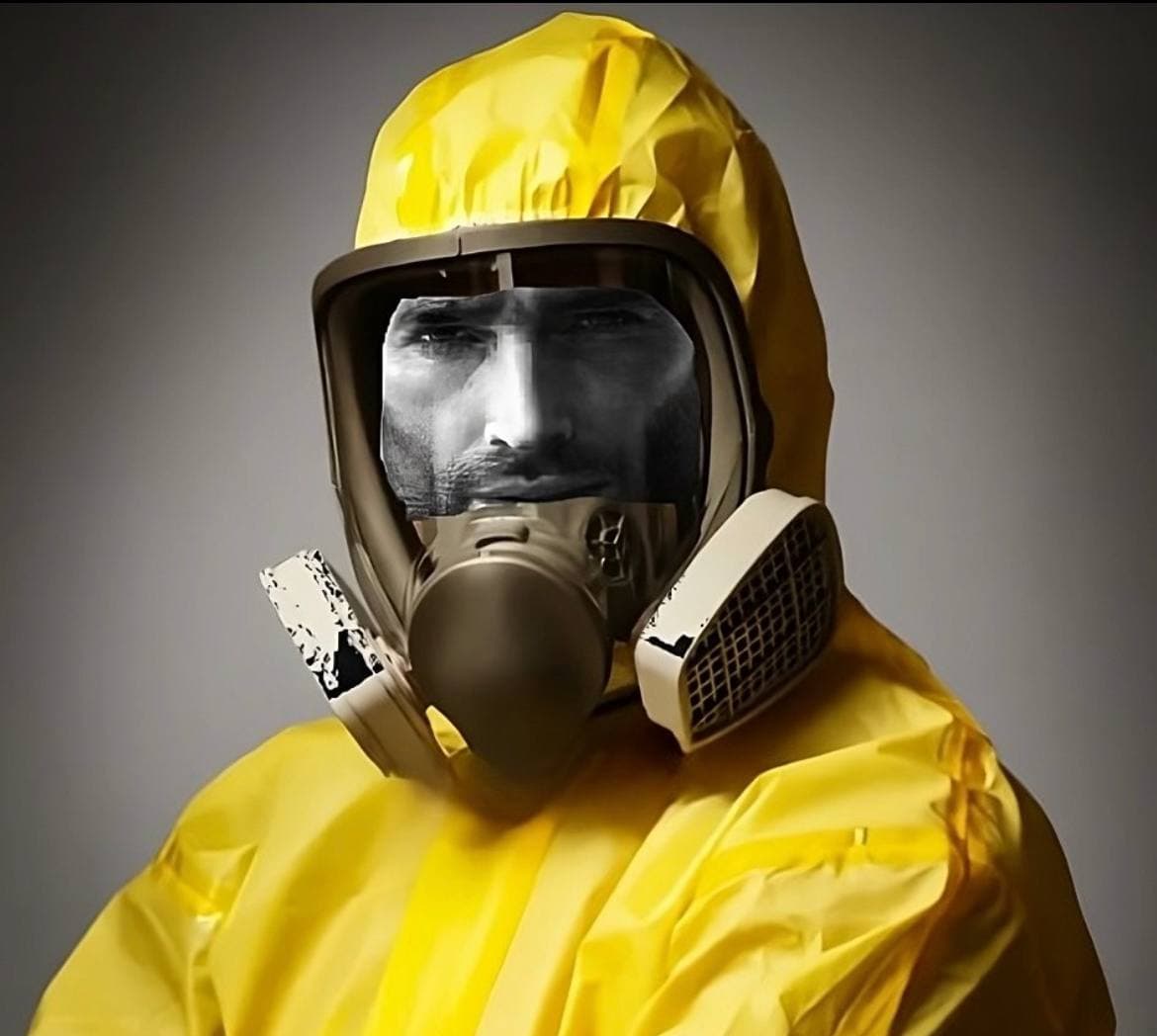 Person in yellow hazmat suit with a dominant expression.