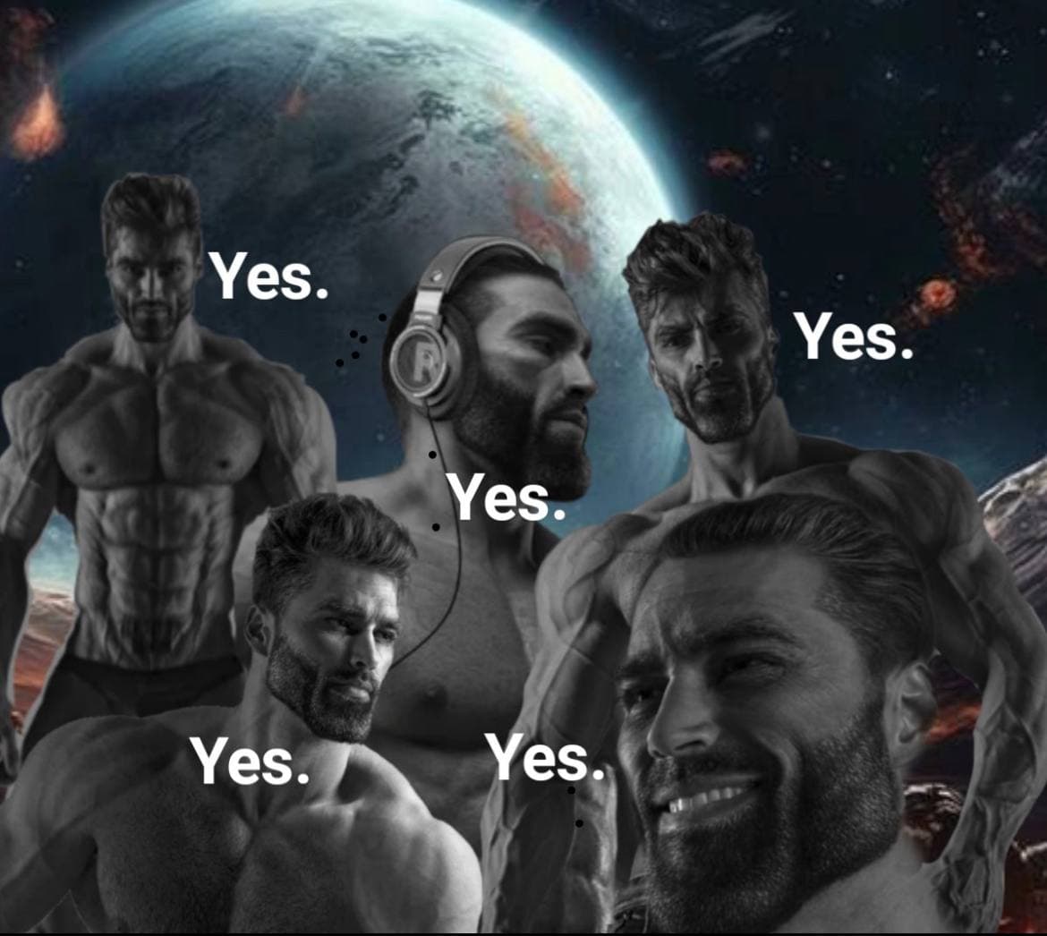 Muscular men in space backdrop saying 'Yes.' multiple times.