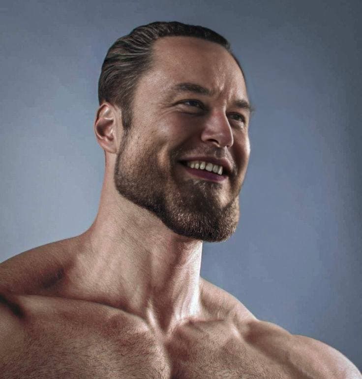 A muscular man smiling confidently with a strong jawline.