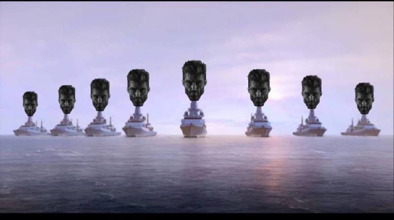 Battleships with GigaChad faces hovering over them.