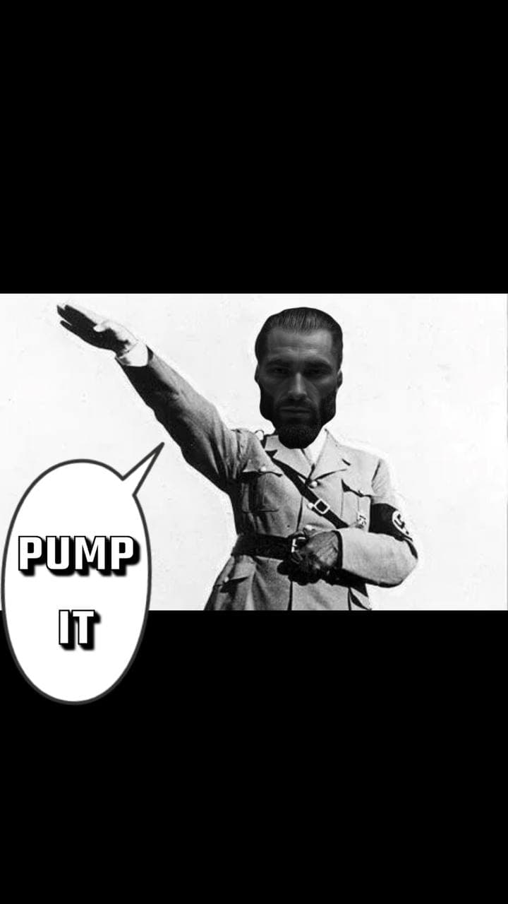 Muscular figure with a salute and 'PUMP IT' text.