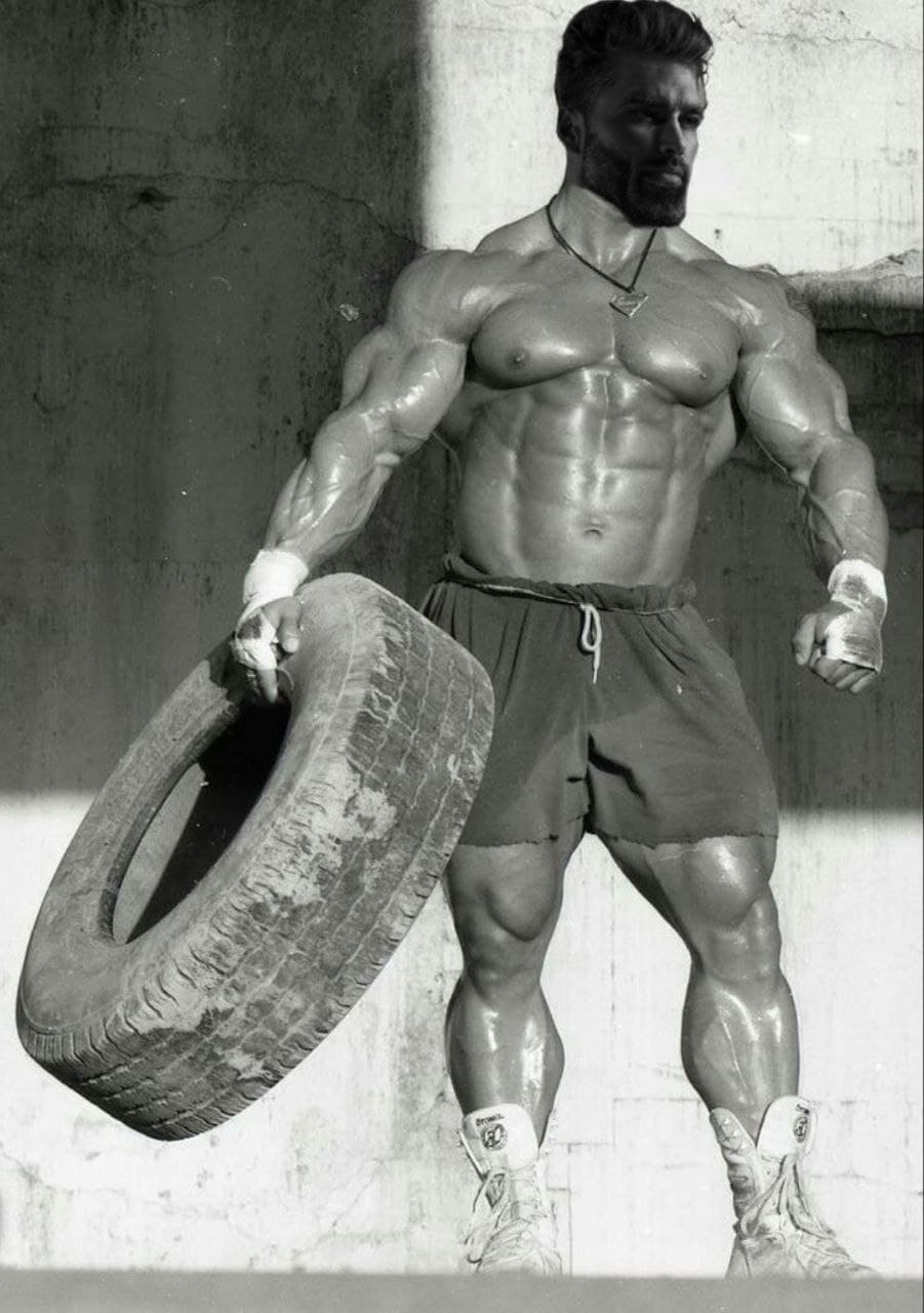 Muscular man lifting a tire in black and white.