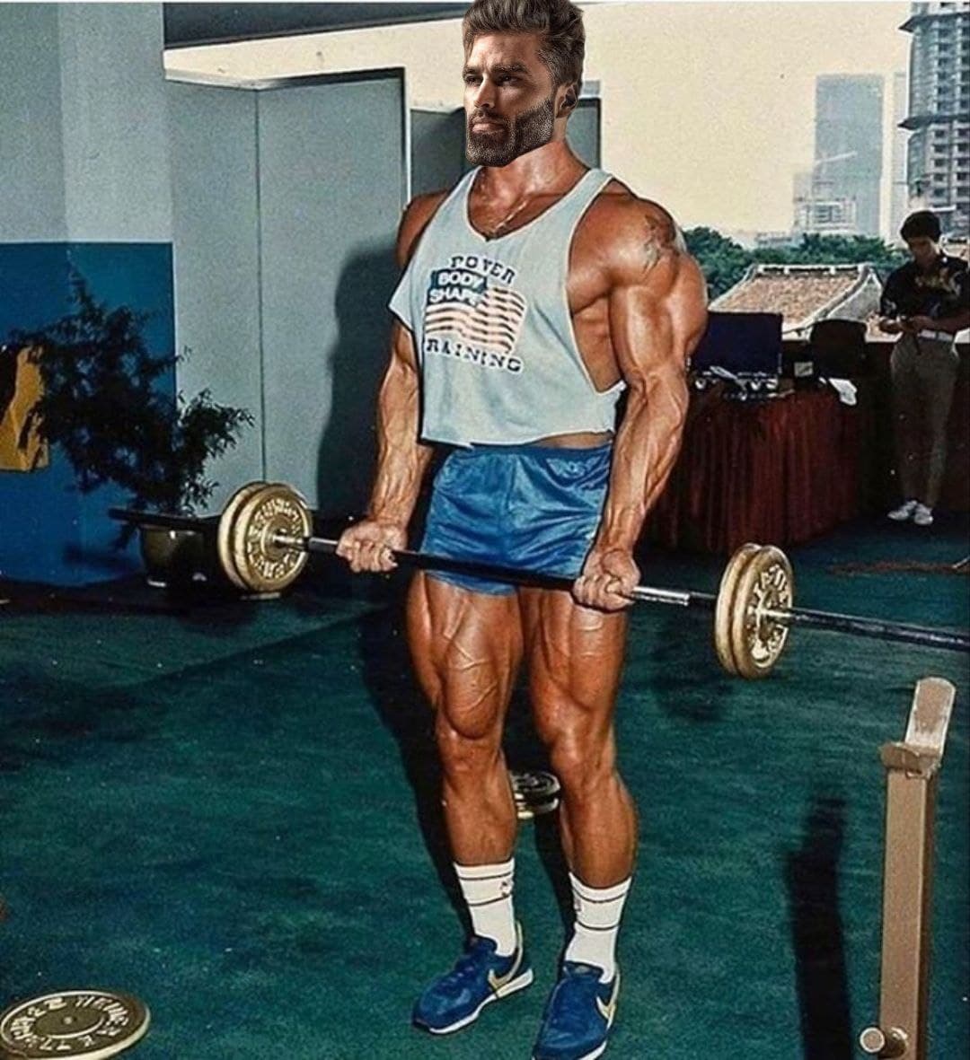 Muscular man lifting barbell in a gym setting.