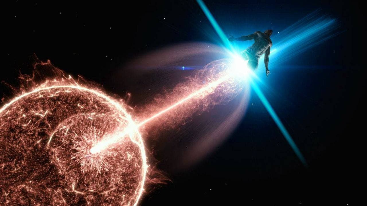 A powerful figure releasing energy in space.