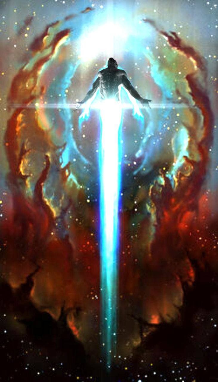 Chiseled figure ascending in a cosmic scene with vibrant colors.