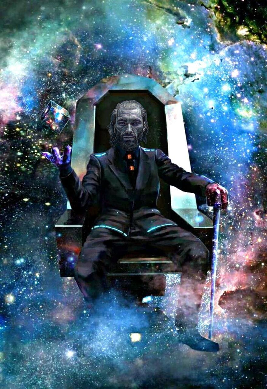 A cosmic figure confidently levitating a cube in space.