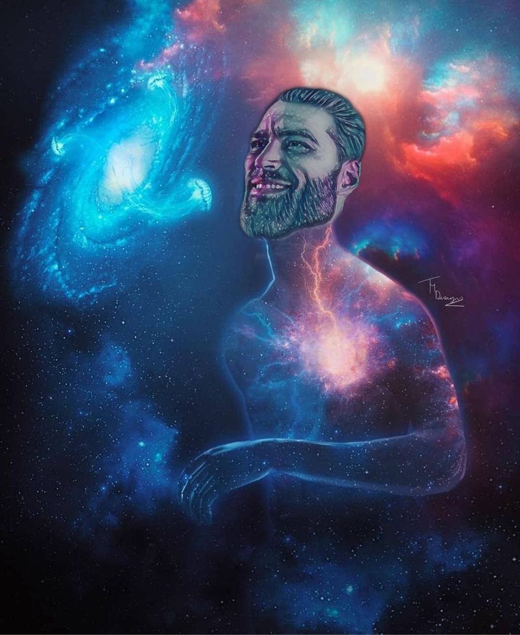 A cosmic figure with a smiling face in space.