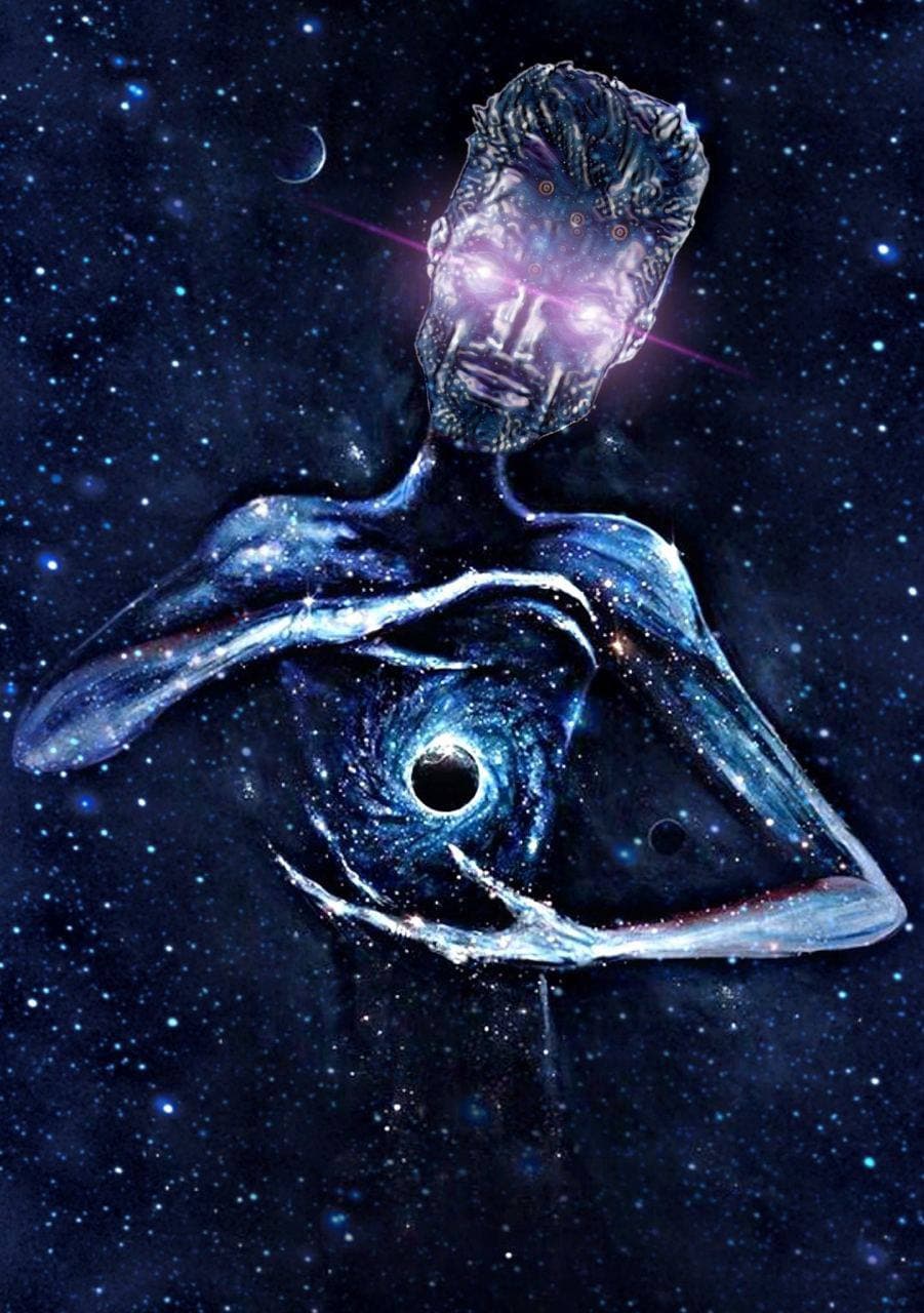Muscular figure with a galaxy body and glowing face.