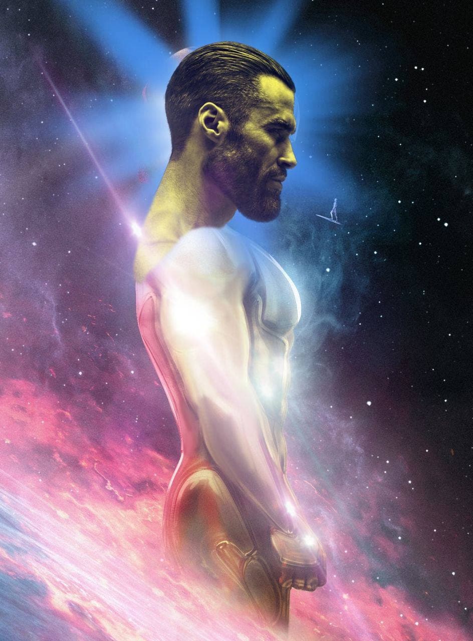 A muscular man in space, showcasing strength and confidence.