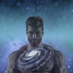 Muscular man with a galaxy on his chest in a cosmic setting.