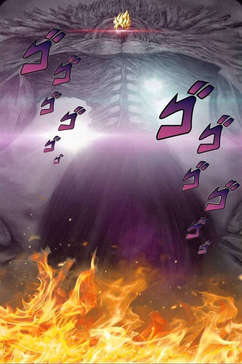 A powerful figure stands amid flames and light, exuding strength.