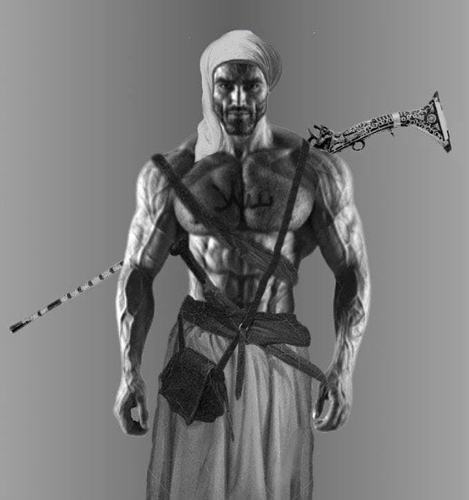 Muscular man in turban holding weapons, GigaChad meme.