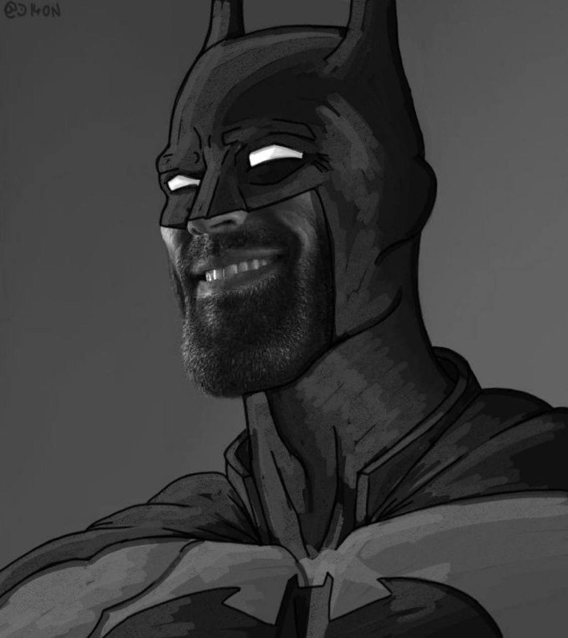 Cartoon Batman with a beard and a large smile.