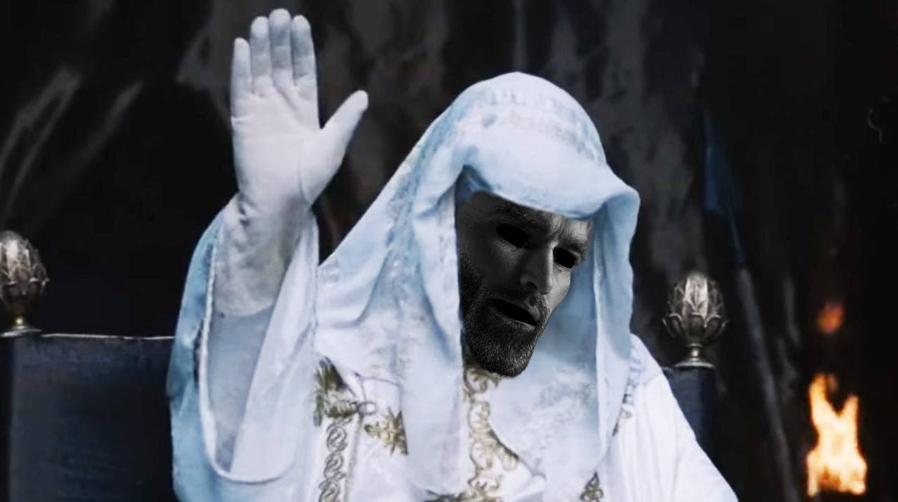 A mysterious figure in a robe raises a hand dramatically.