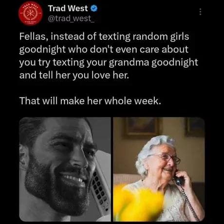 Muscular man and happy elderly woman in a split image meme.