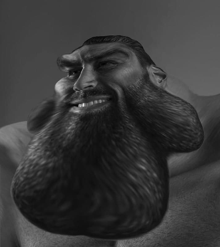 Exaggerated masculine figure with a large beard and confident expression.