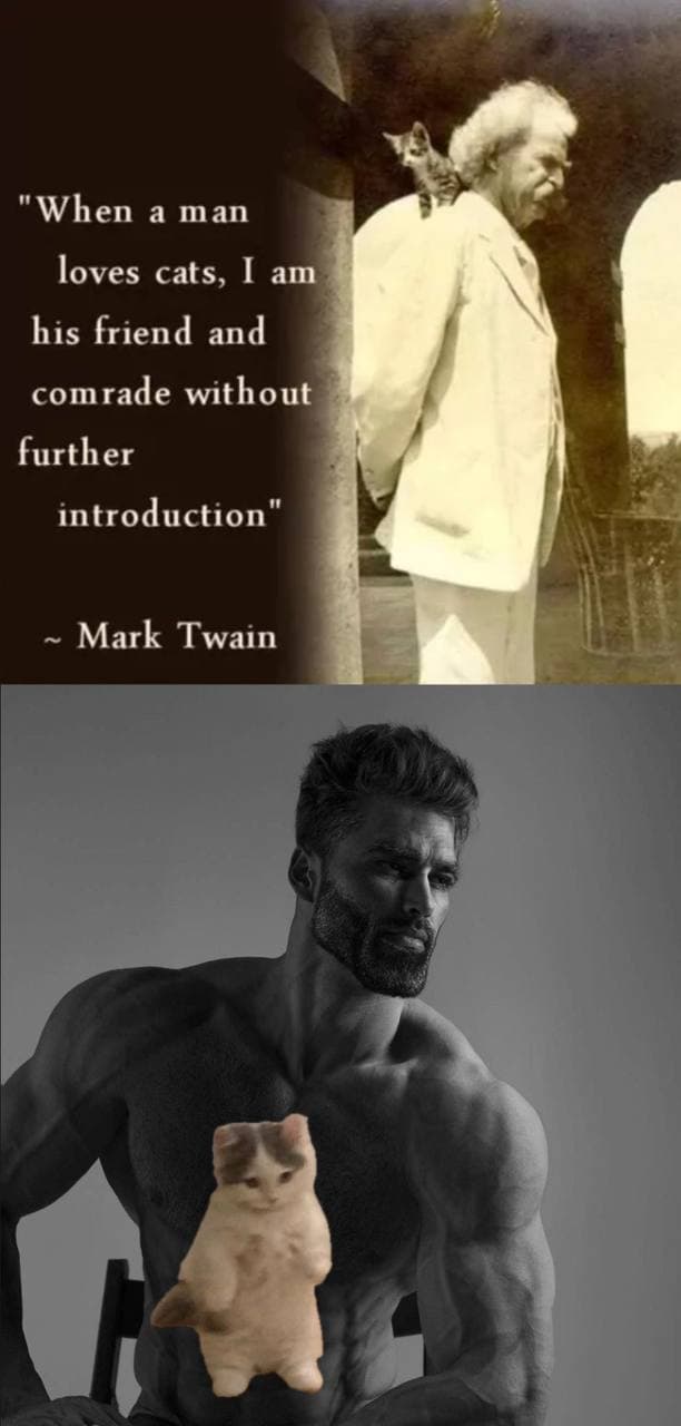 A muscular man with a cat on his chest juxtaposed with Mark Twain.