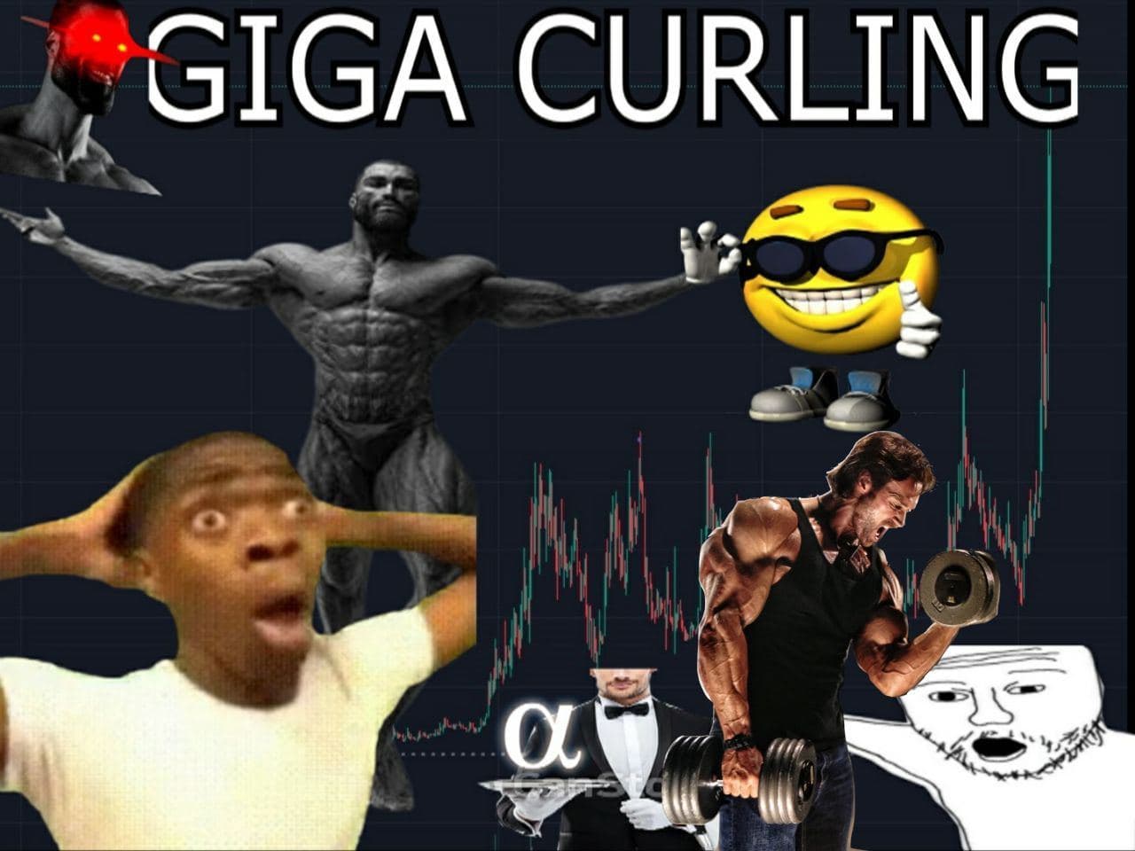 Collage of memes and muscular figures with charts and emojis.