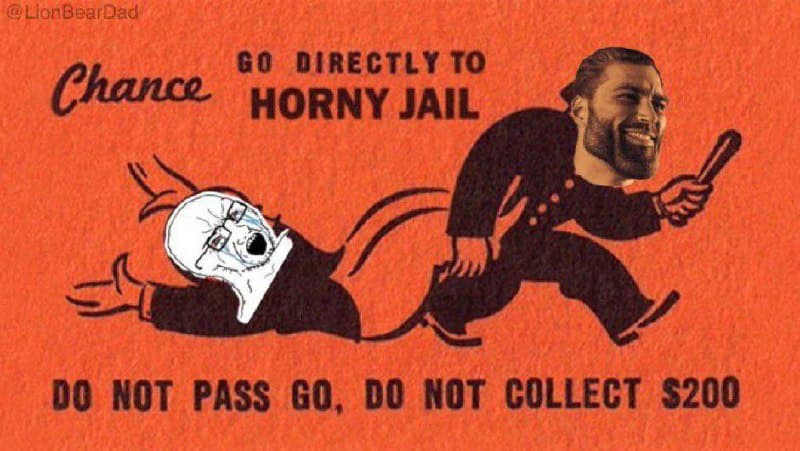 A meme depicting a humorous jail scenario related to 'horny'.