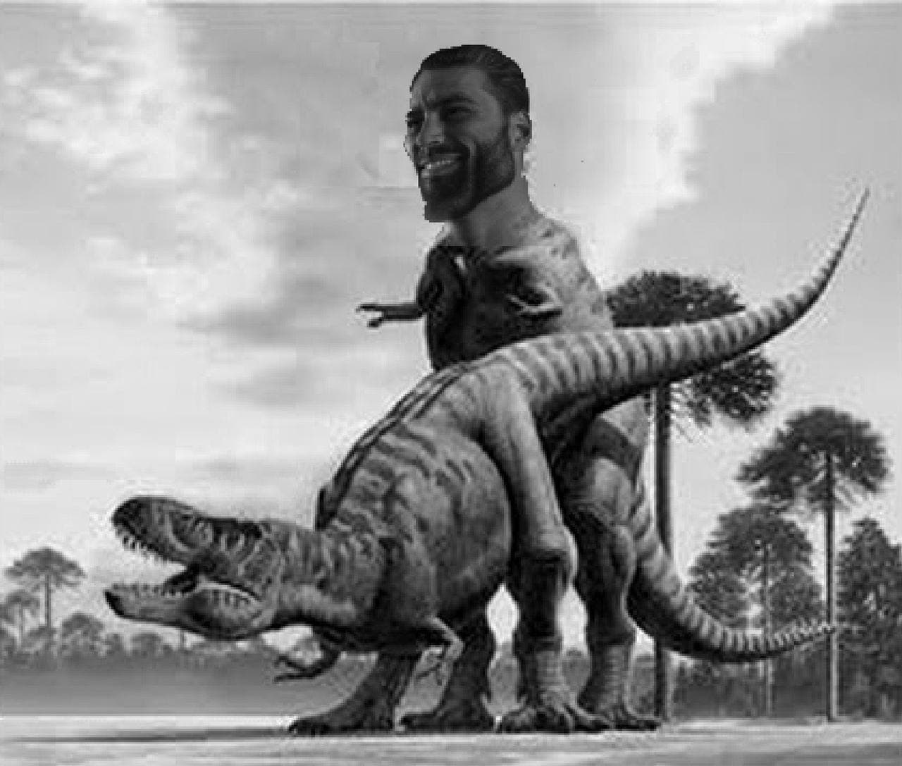 GigaChad riding a T-Rex in a prehistoric landscape.