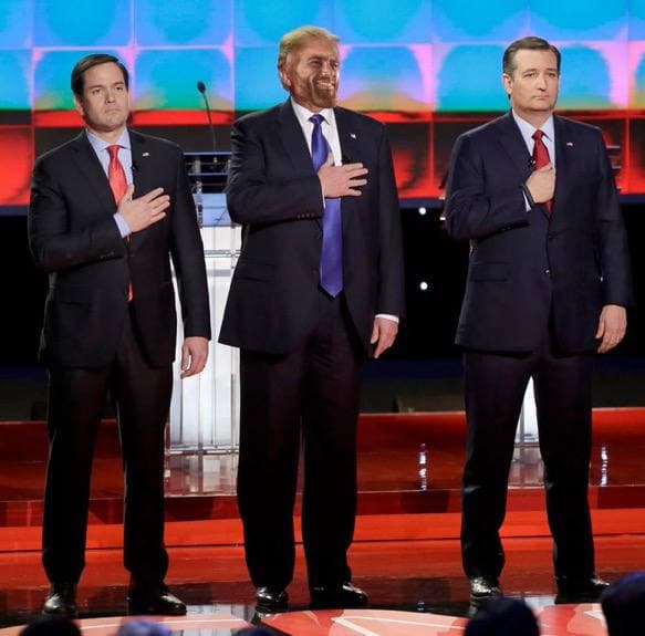 Three politicians on stage with humorous facial edits.