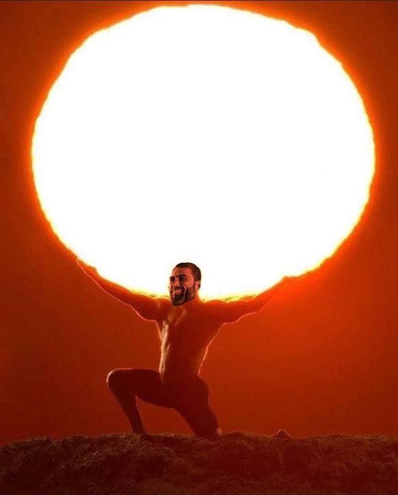 A strong man lifting a giant sun in a dramatic pose.