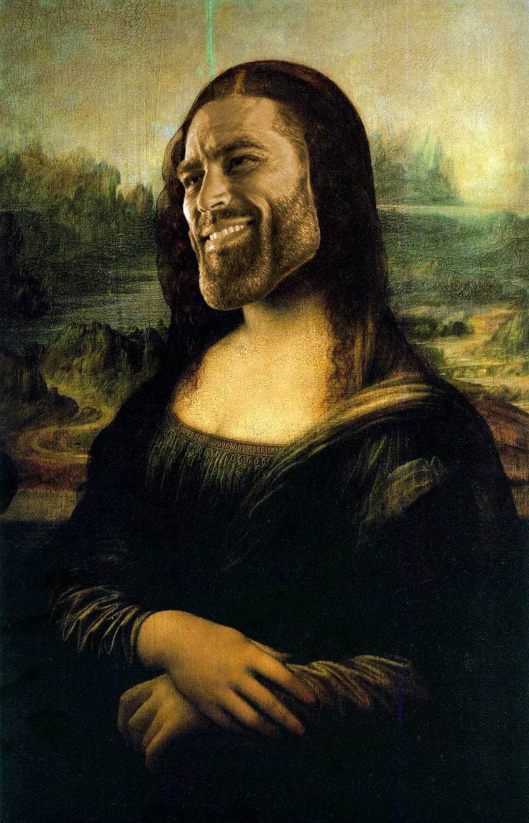 Mona Lisa with a GigaChad face for humor.