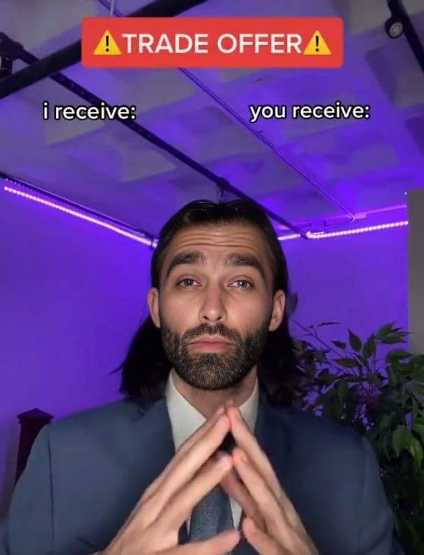 Man in suit presenting a trade offer with contrasting outcomes.