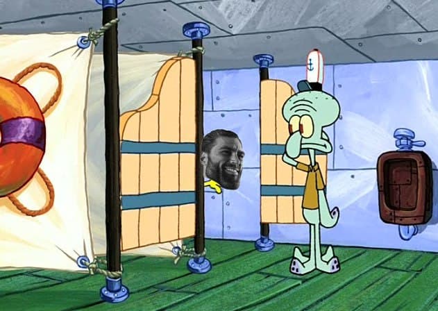 Squidward shocked by GigaChad face in SpongeBob scene.