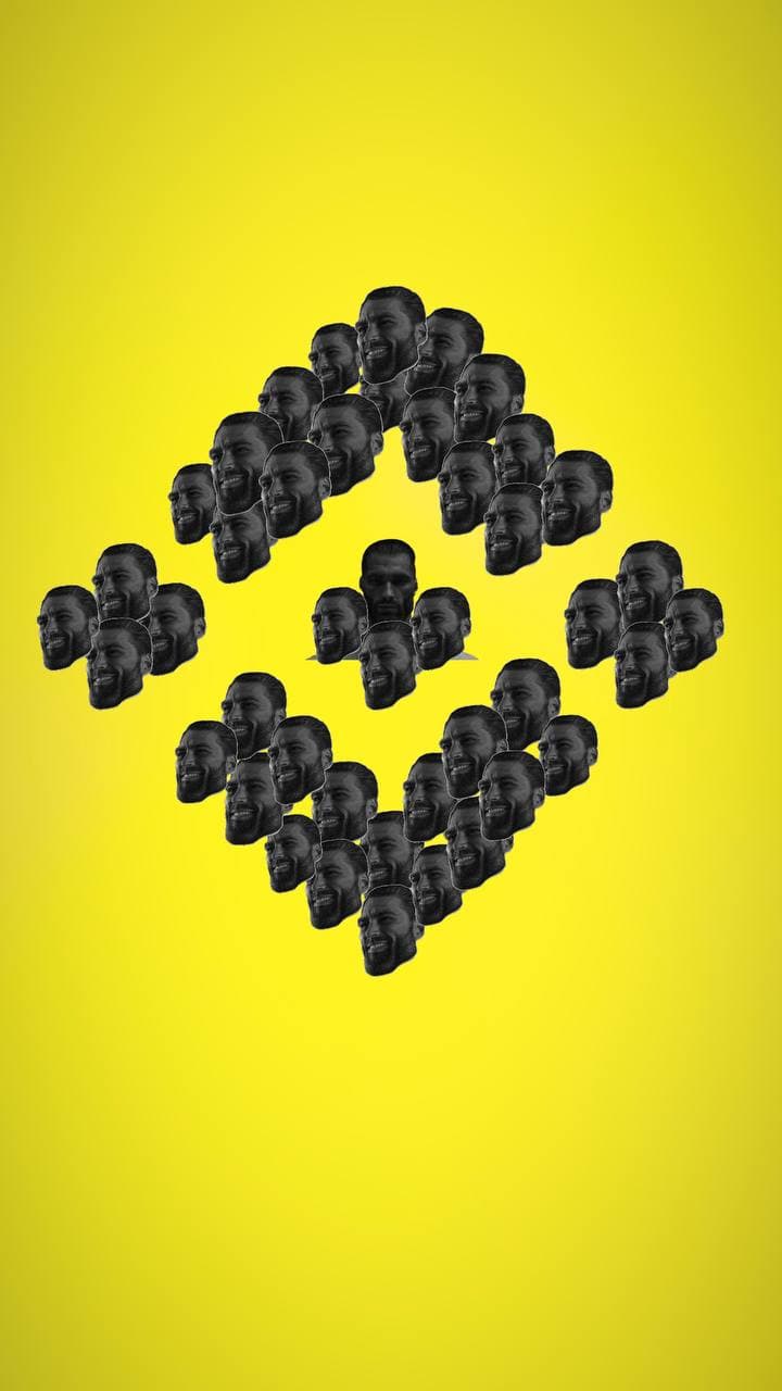 Multiple GigaChad faces on a yellow background.